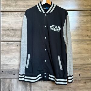 Star Wars XL Black Gray Striped Collar Varsity Jacket Disney World Sporty Travel